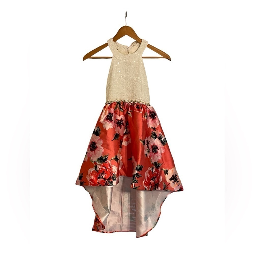 Rare Edition Big Girls Sequin Lace Printed Mikado High-Low Hem Dress